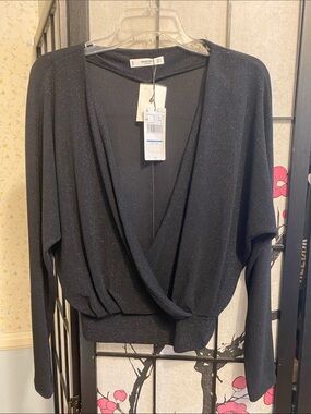 Mango Black Metallic Wrap-Front Long Sleeve Top